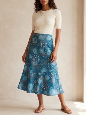 Sag Harbor Teal Floral Satin Midi Skirt